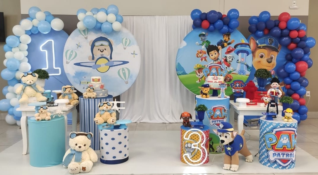 Montagem Cenário  Duplo Patrulha Canina E Ursinho Aviador  - Elisete Festas Kit Pegue e Monte
