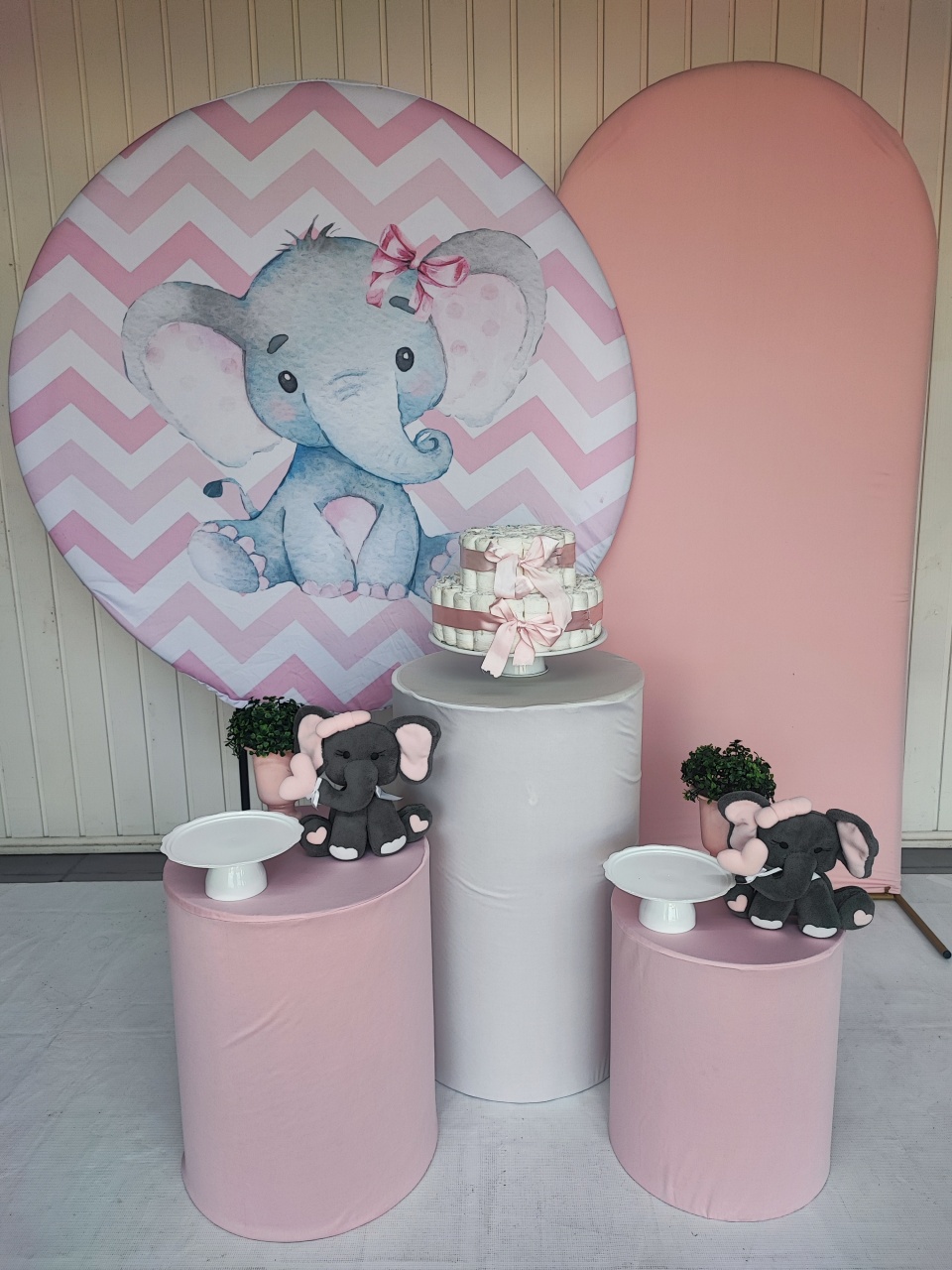 Kit Cha de  Fraldas Elefantinho Rosa Opção Plus  - Elisete Festas Kit Pegue e Monte