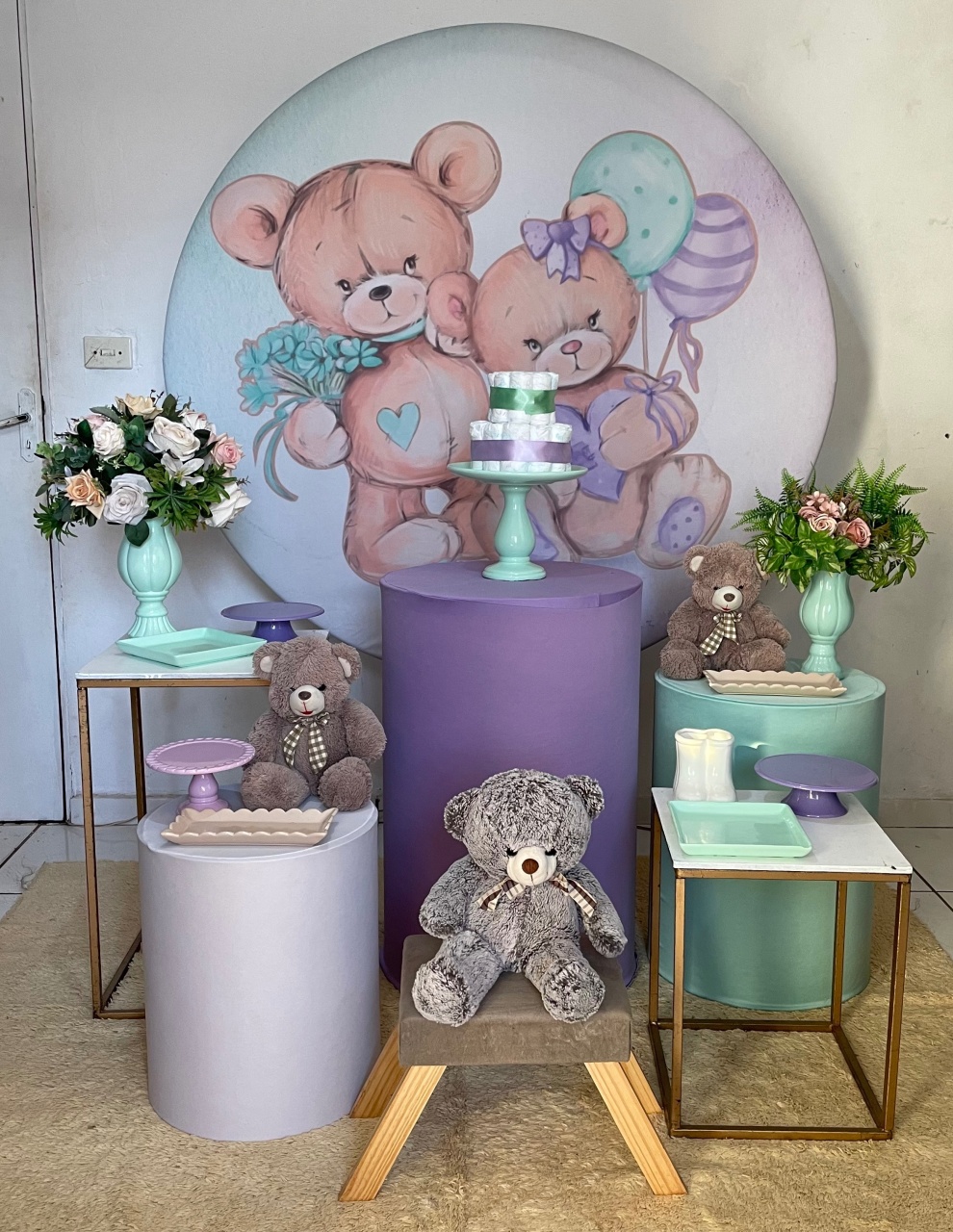 Kit Chá Ursinhos Lilas E Verde  2.0 Com Balões de Brinde - Cantinho Da Alegria Festas
