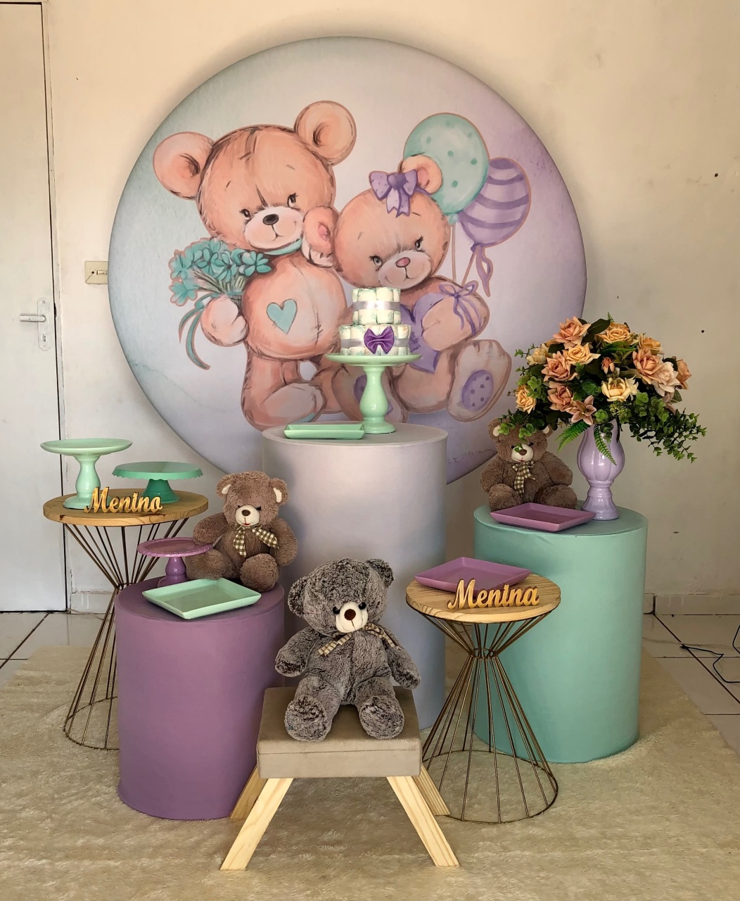 Kit Chá Ursinhos Lilás E Verde 2.0 Com Balões de Brinde  - Cantinho Da Alegria Festas