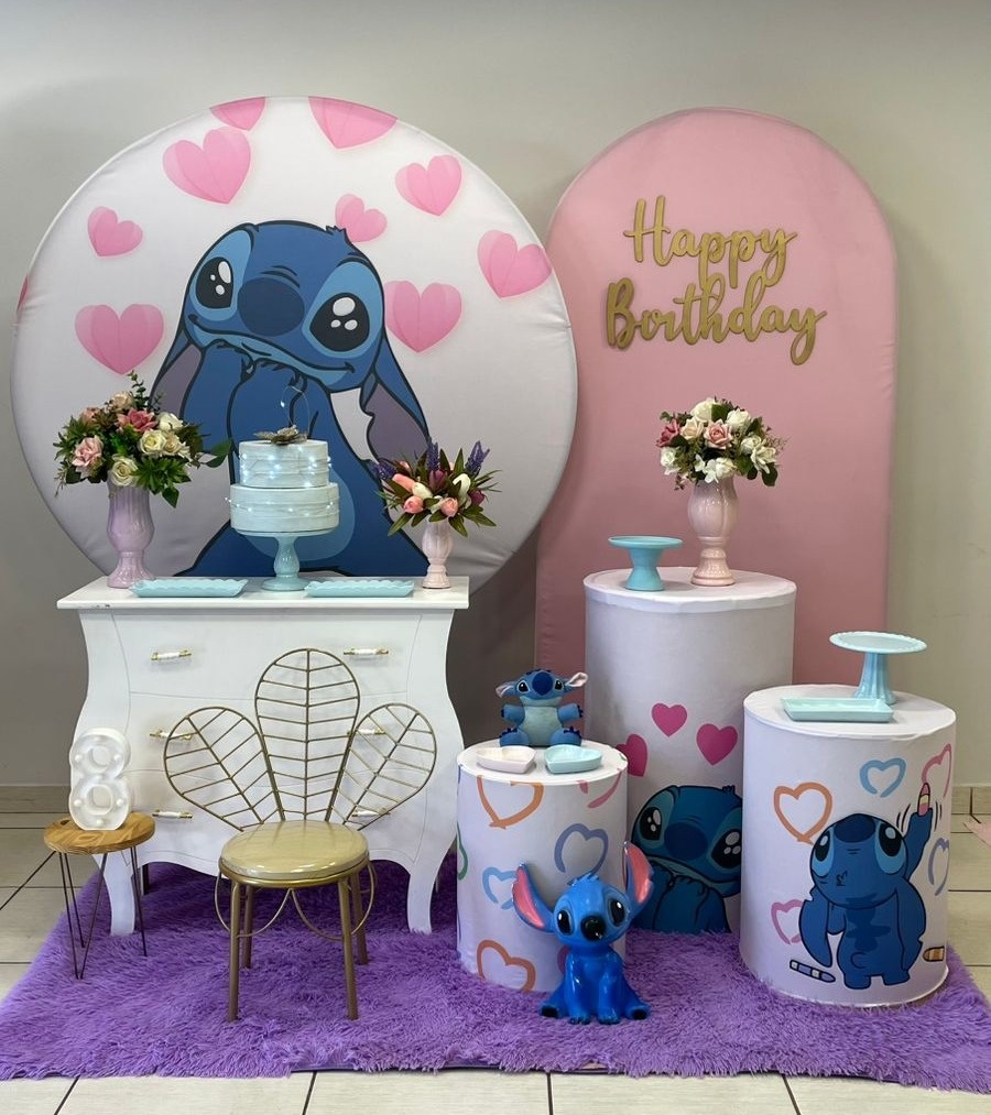 Composição Stitch Rosa Com Balões de Brinde - Cantinho Da Alegria Festas