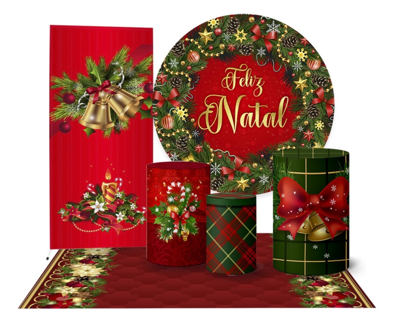 Capas de Painel, Cilindros, Lateral E Tapete - Feliz Natal Vermelho - DLUARTS DECORAÇÕES E EVENTOS