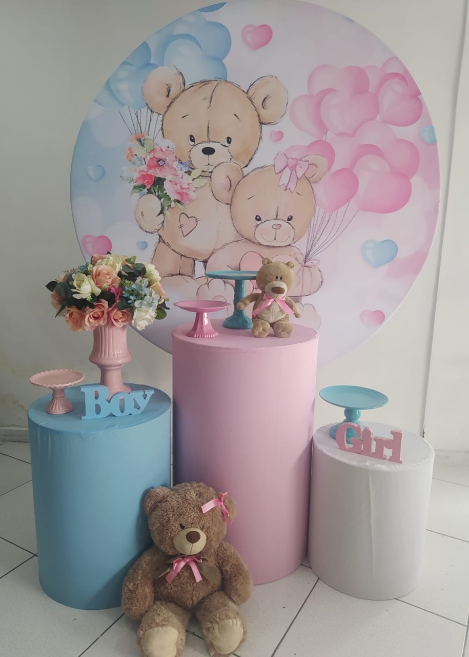 Kit Ursinhos Rosa E Azul Cilindro Mdf Prata - Inspire Festas