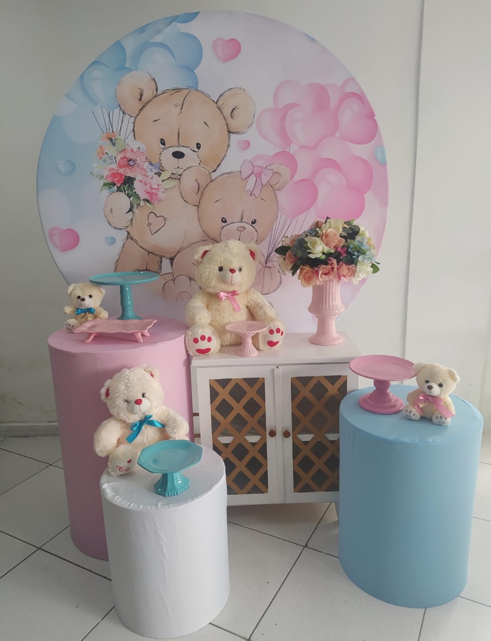 Kit Ursinho Rosa E Azul Comoda Treliça Ouro - Inspire Festas