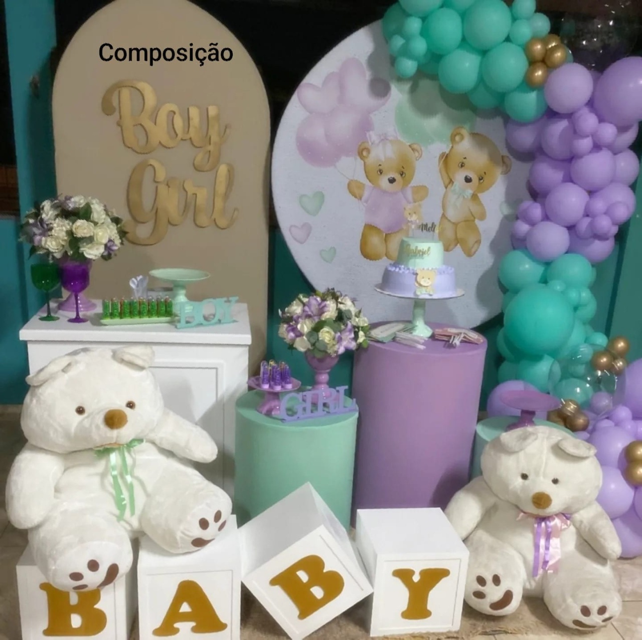 Kit Ursinho Lilás E Verde Painel Romano Composição - Inspire Festas