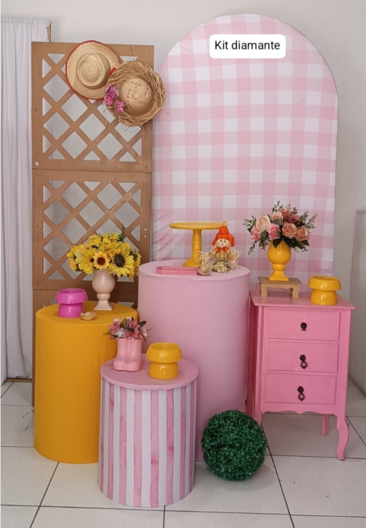 Kit Arraiá Romano Xadrez Rosa Ripado Retangular Diamante - Inspire Festas