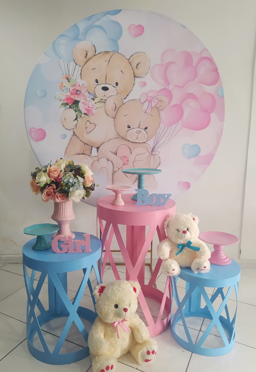 Kit Ursinhos Rosa E Azul Cilindro Treliço Prata - Inspire Festas