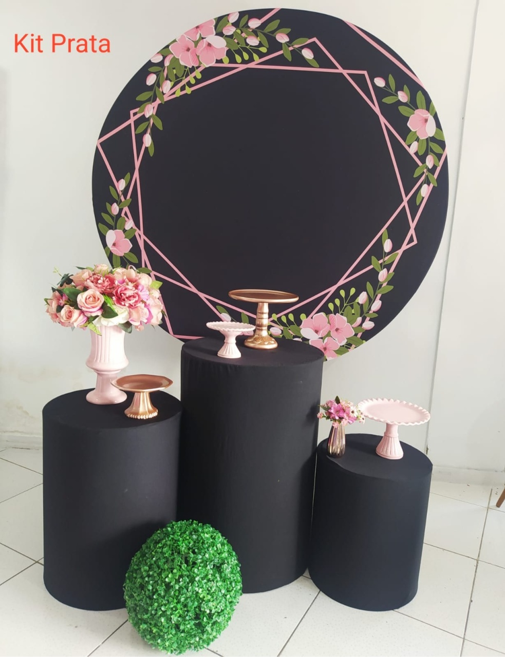 Kit Floral Preto Com Rosa Prata - Inspire Festas