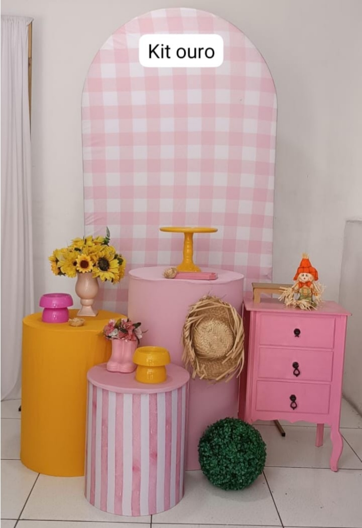 Kit Arraiá Romano Xadrez Rosa Ouro - Inspire Festas