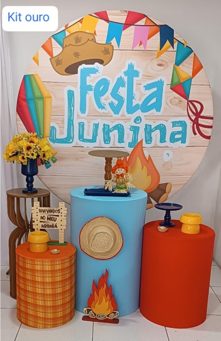 Kit Arraiá Fundo Madeira Chapeu Festa Junina Azul Ouro - Inspire Festas