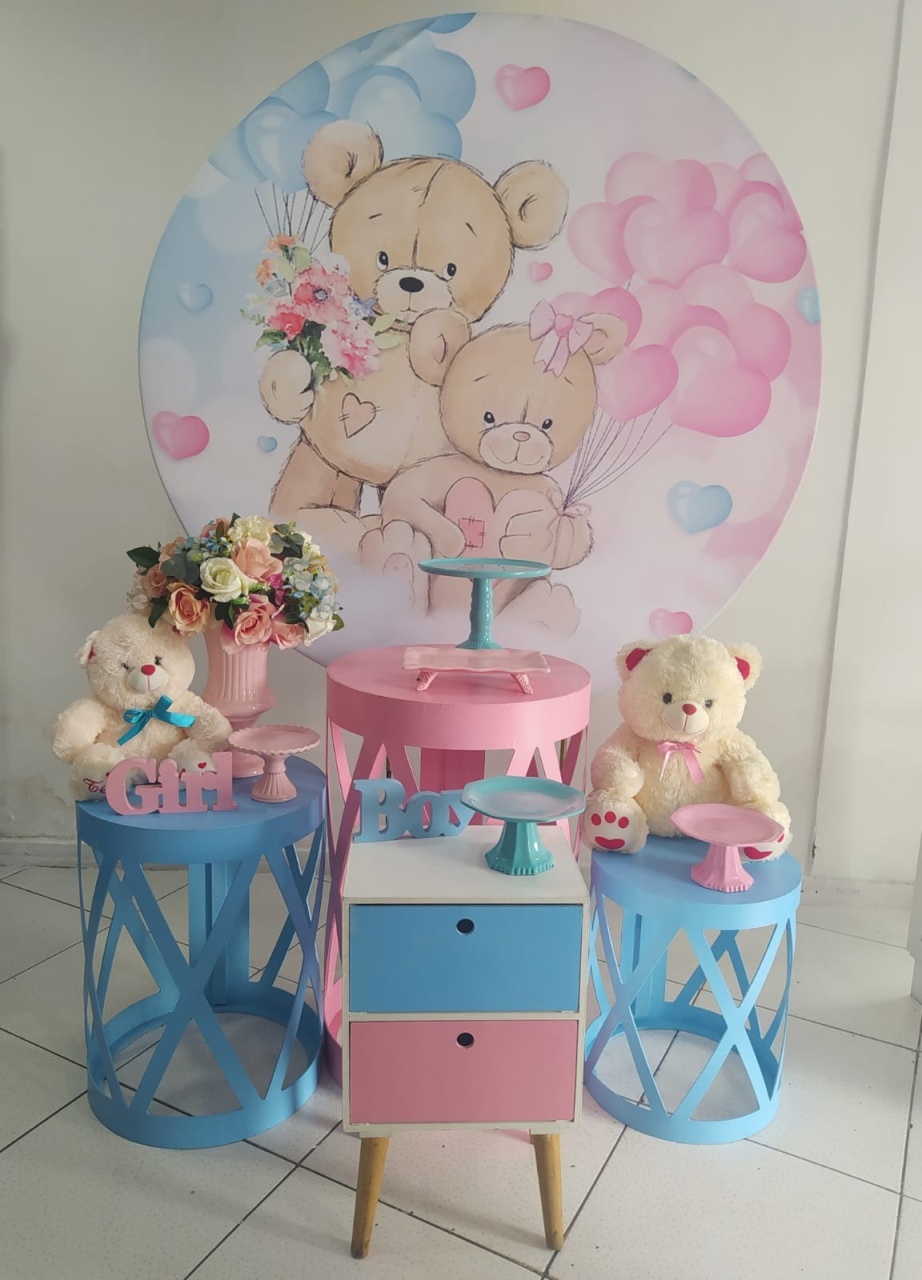 Kit Ursinho Rosa E Azul Criado Pe Palito Ouro - Inspire Festas