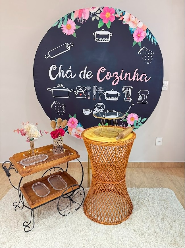 Chá de Cozinha Composição Com Vime E Carrinho - Felicittà Festas