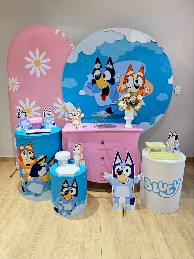 Bluey E Bingo Kit Diamante Menina Com Painel Margaridas Cômoda Rosa - Felicittà Festas