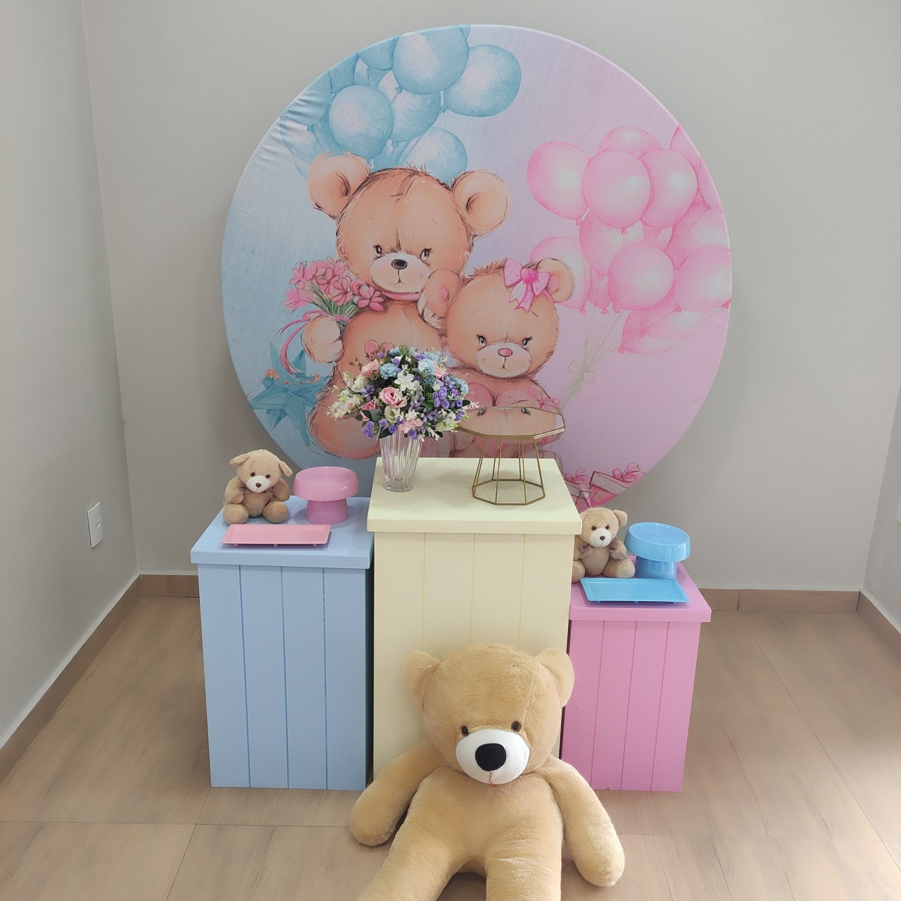Chá Revelação Ursinhos Rosa E Azul Kit Prata Com Mesas Cubo E Urso - Felicittà Festas