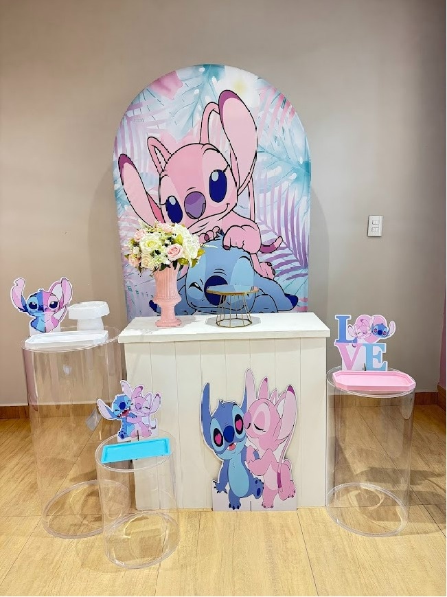 Stitch E Angel Kit Ouro Com Mesas Em Acrílico - Felicittà Festas