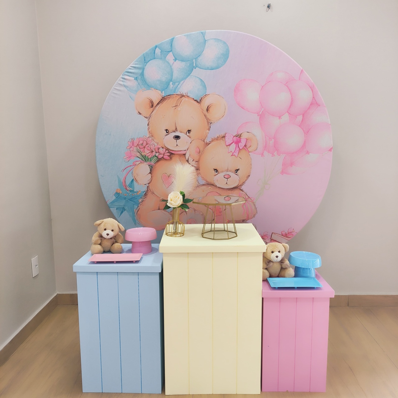 Chá Revelação Ursinhos Rosa E Azul Kit Prata Com Mesas Cubos - Felicittà Festas