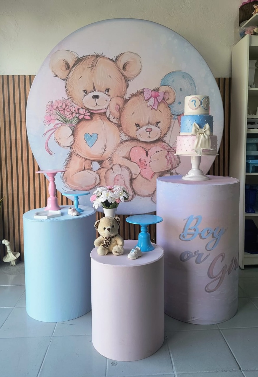 Kit Prata Chá Revelação Ursinho Azul E Rosa  - Lilas Decor Locações e Festas