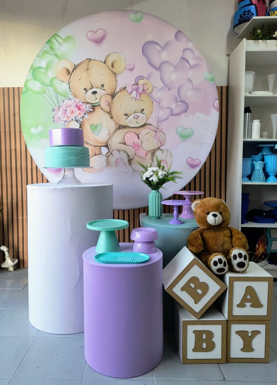 Kit Prata Chá Revelação Ursinhos Verde E Lilas  - Lilas Decor Locações e Festas