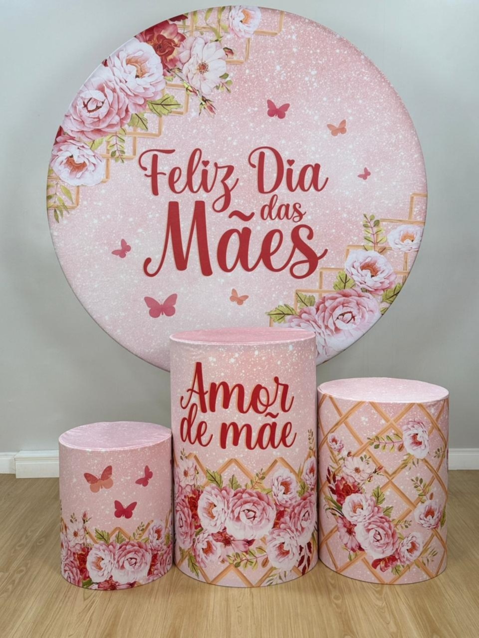 Kit Sublimado Capa Painel Redondo E Capas de Cilindros Dia das Mães Rosa C/ Vermelho  - Selminha Lokfest