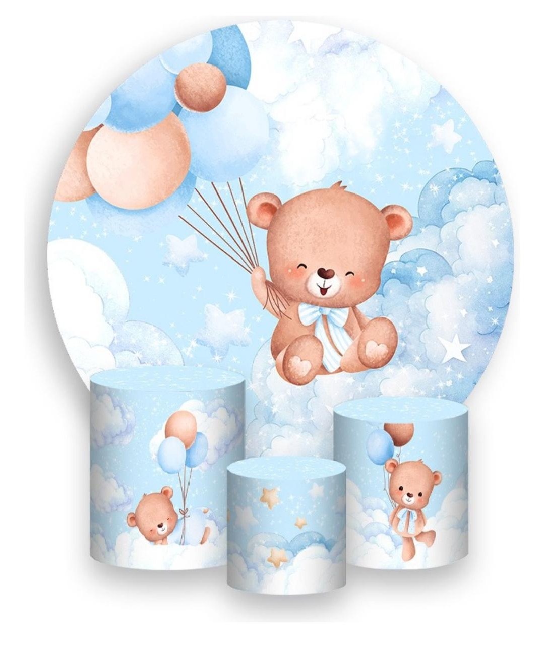 Kit Sublimado Capa Painel Redondo E Capas de Cilindros Ursinho Azul Balão  - Selminha Lokfest