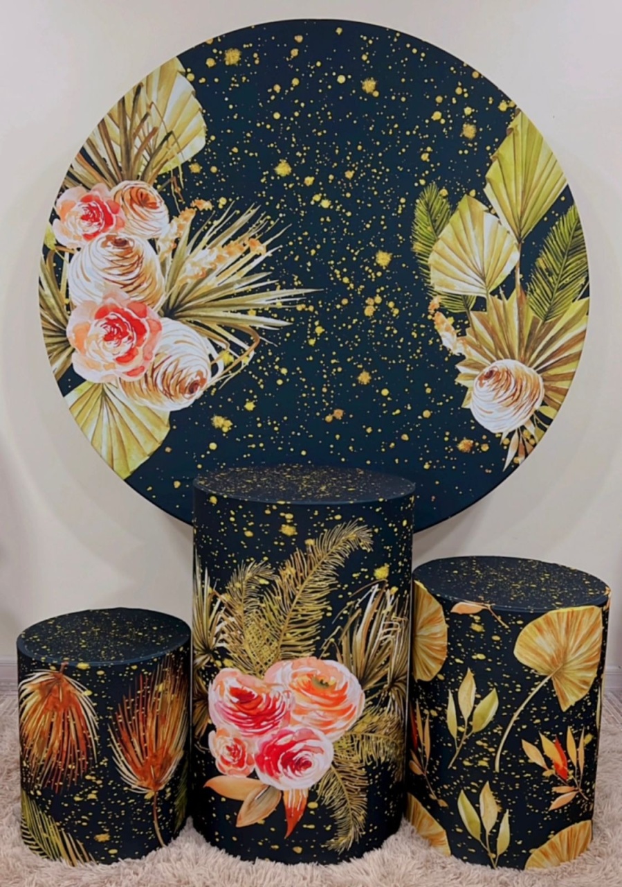 Kit Sublimado Capa Painel Redondo E Capas de Cilindros Floral Preto  - Selminha Lokfest