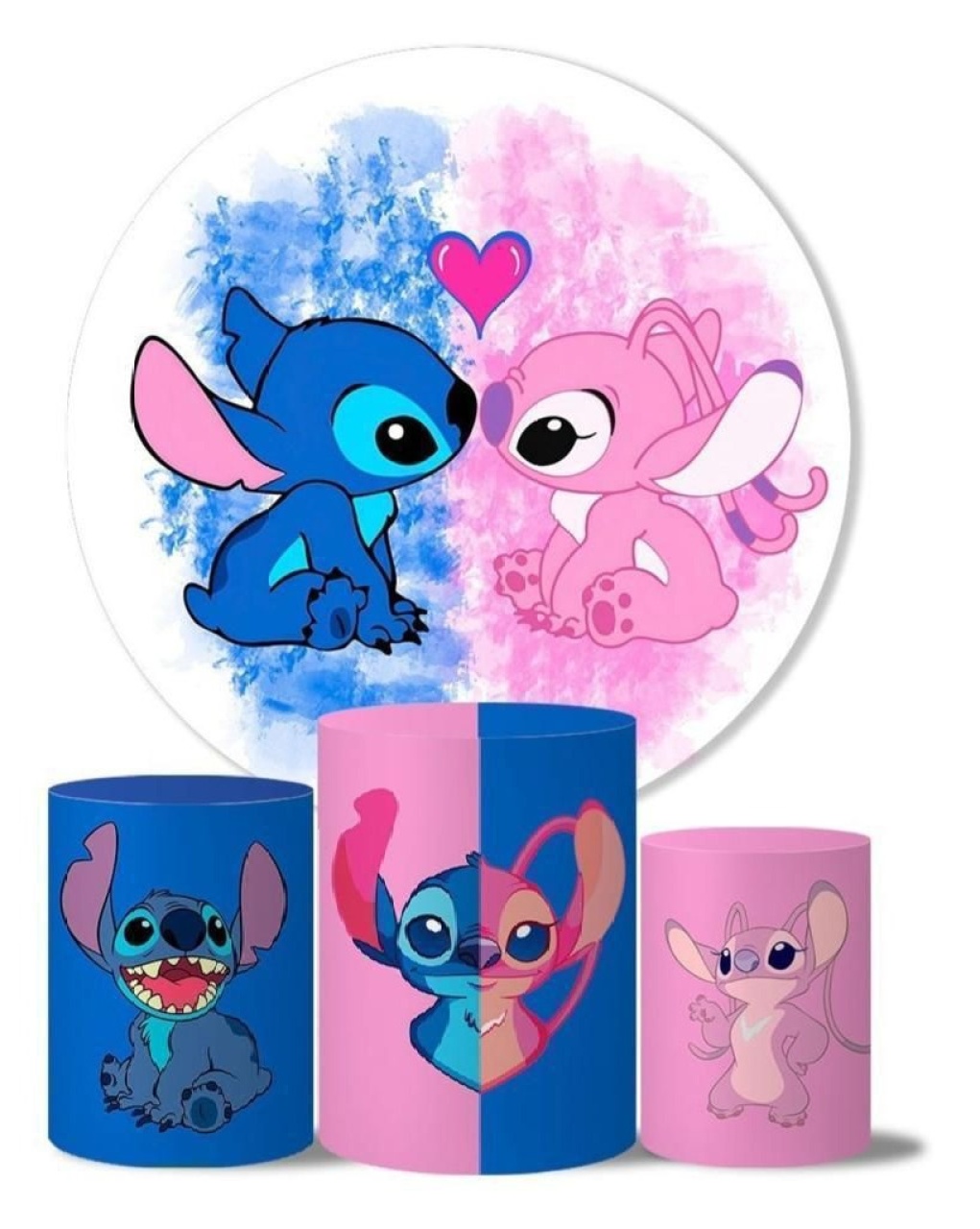 Kit Sublimado Capa Painel Redondo E Capas de Cilindros Angel E Stitch  - Selminha Lokfest