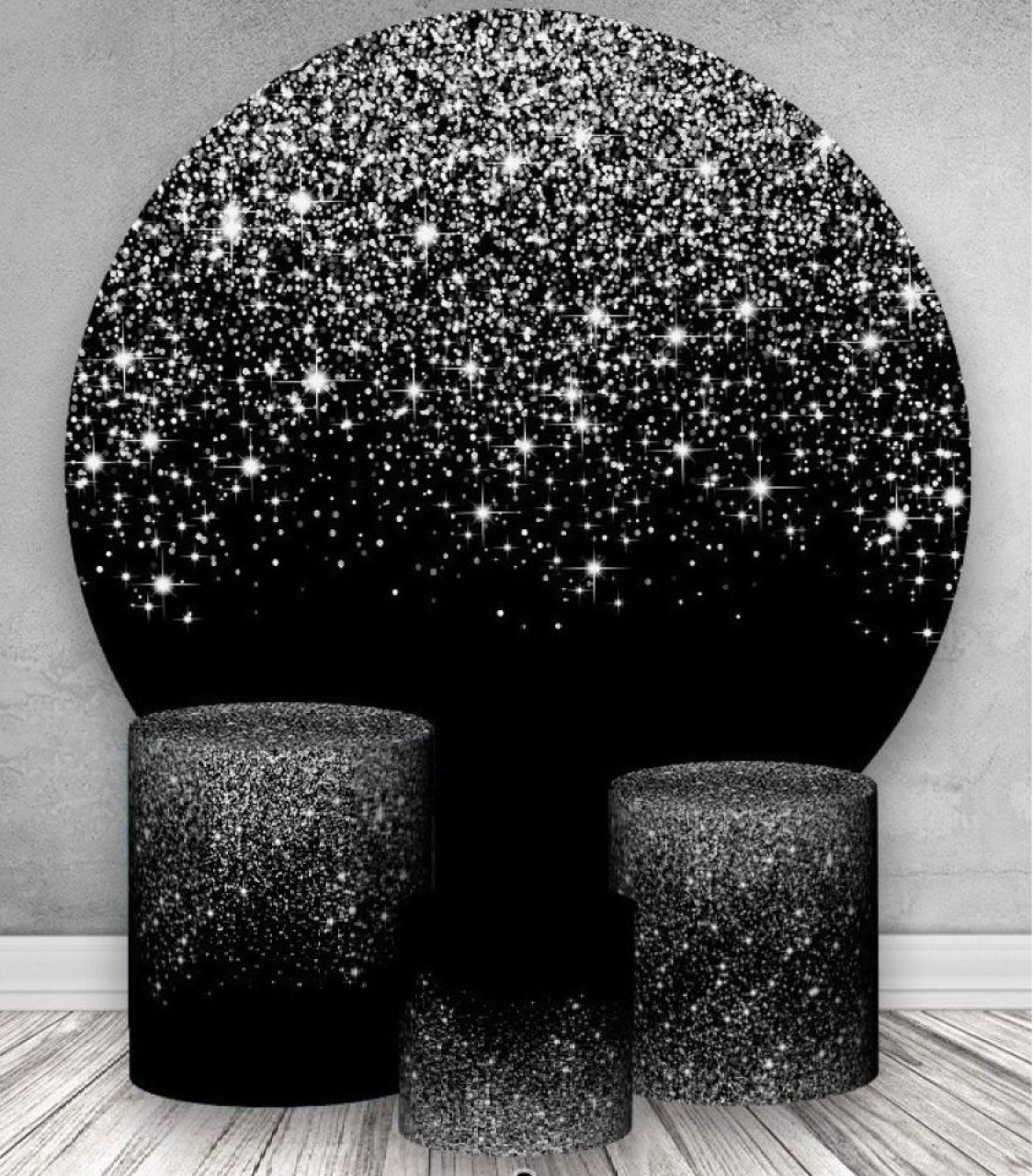 Kit Sublimado Capa Painel Redondo E Capas de Cilindros Preto C/ Glitter Prata - Selminha Lokfest
