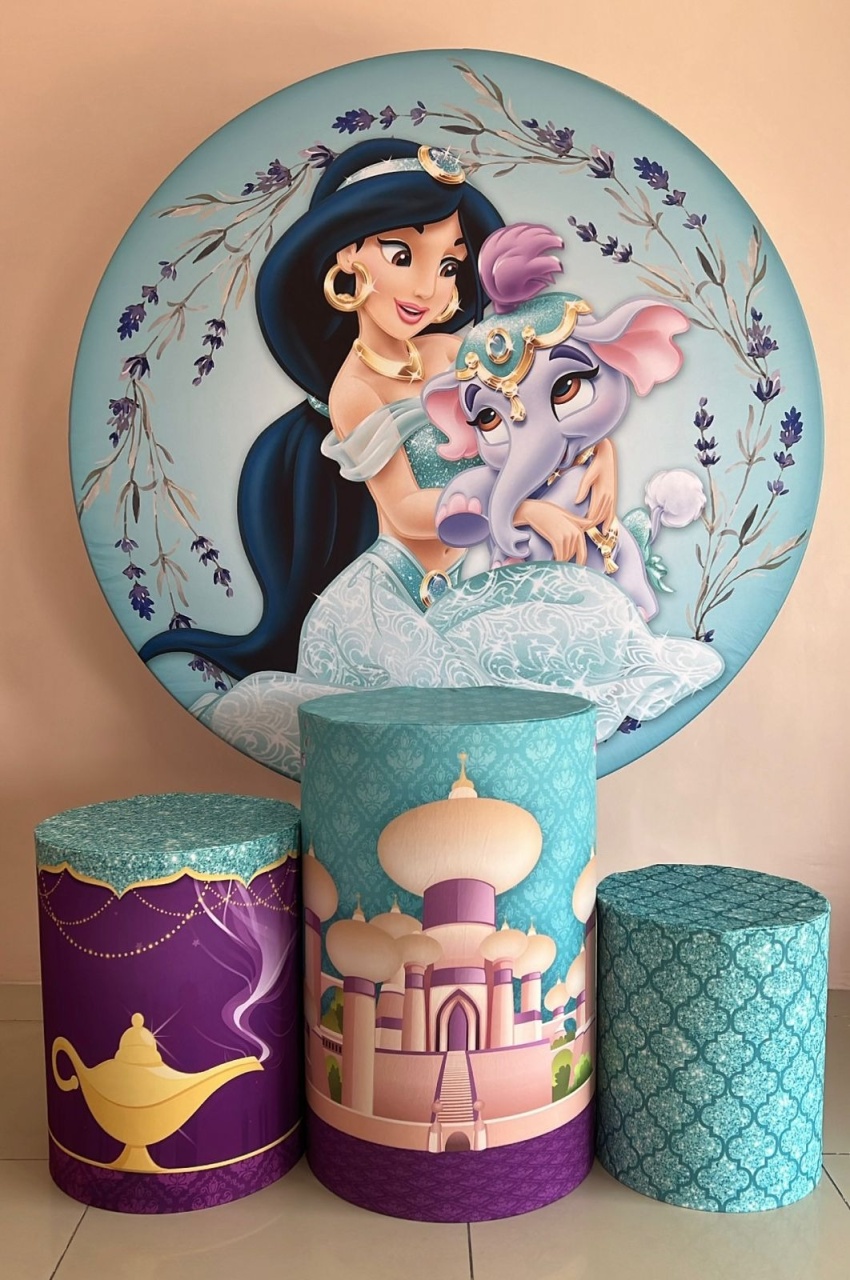 Kit Sublimado Capa Painel Redondo E Capas de Cilindros Princesa Jasmine - Selminha Lokfest