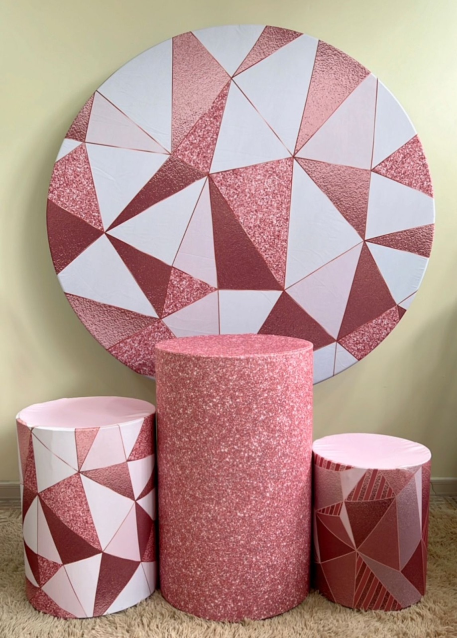 Kit Sublimado Capa Painel Redondo E Capas de Cilindros Geométrico Rosé - Selminha Lokfest