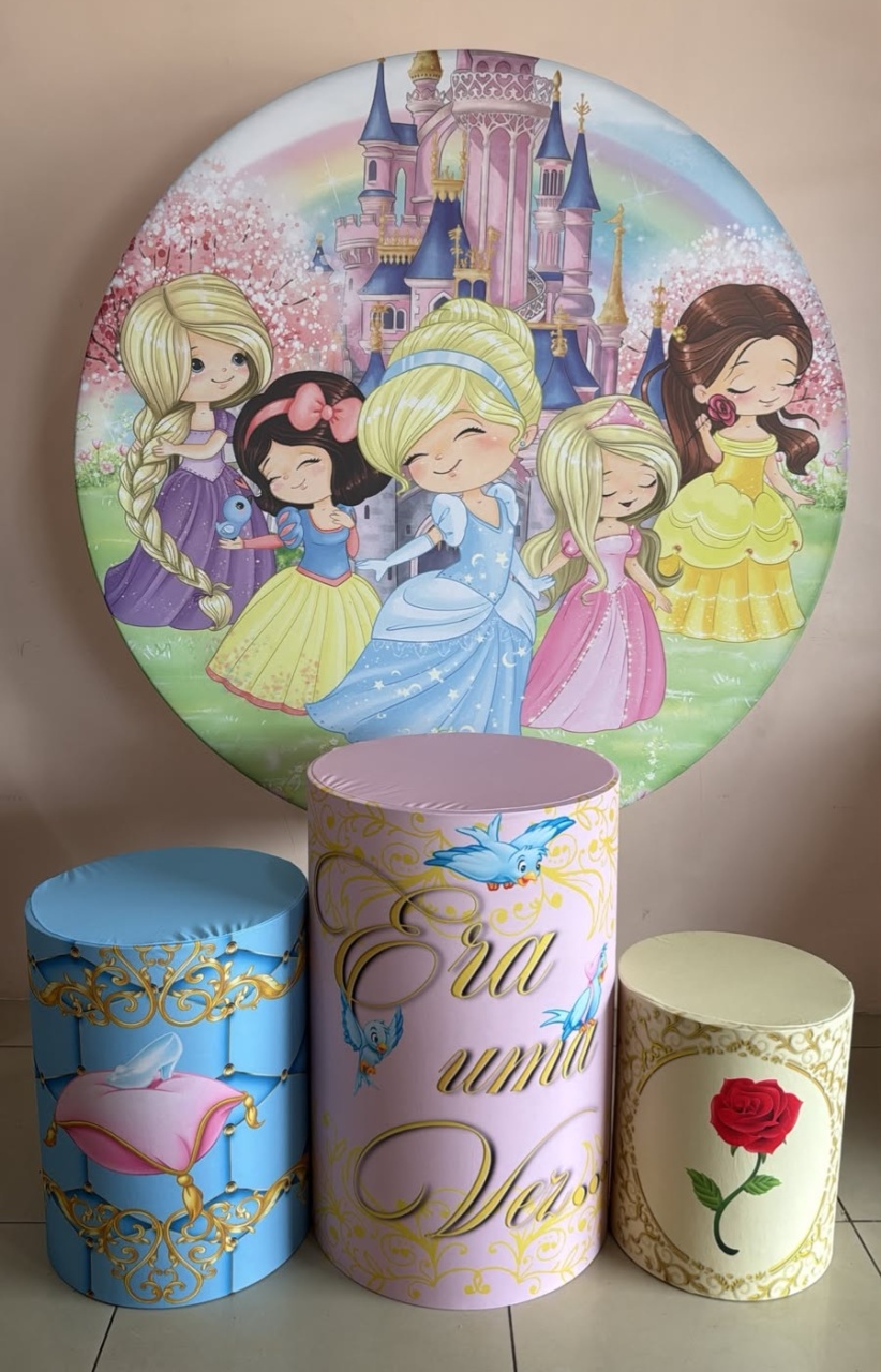Kit Sublimado Capa Painel Redondo E Capas de Cilindros Princesas da Disney Cute - Selminha Lokfest