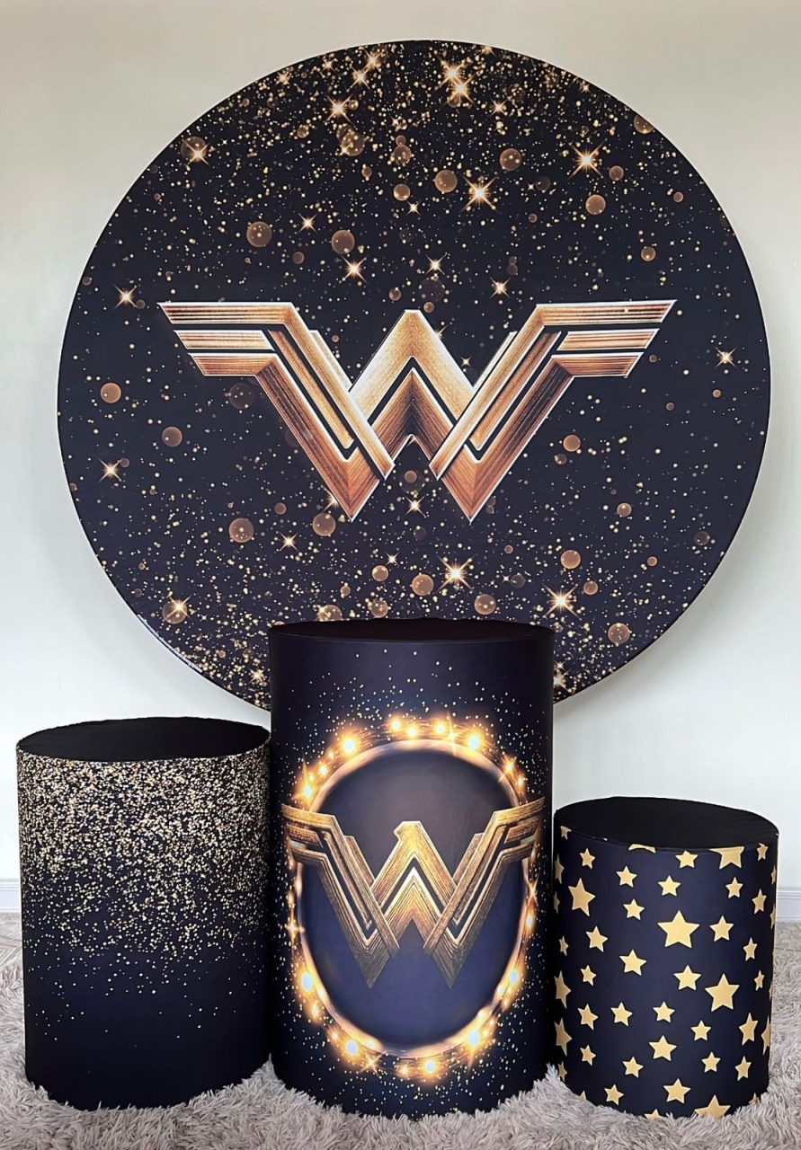 Kit Sublimado Capa Painel Redondo E Capas de Cilindros Mulher Maravilha Preto C/ Dourado - Selminha Lokfest