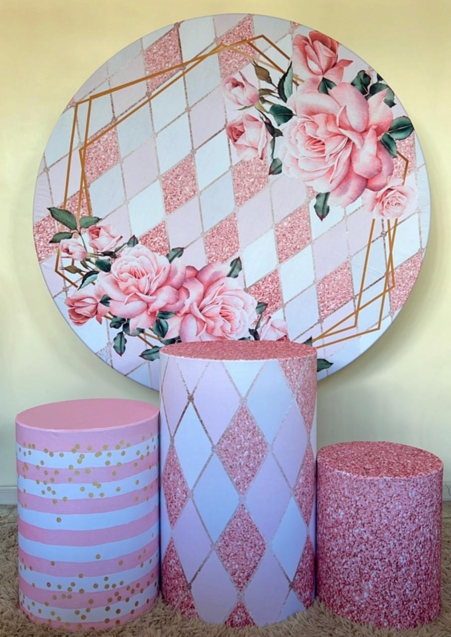 Kit Sublimado Capa Painel Redondo E Capas de Cilindros Geométrico Floral Rosé - Selminha Lokfest