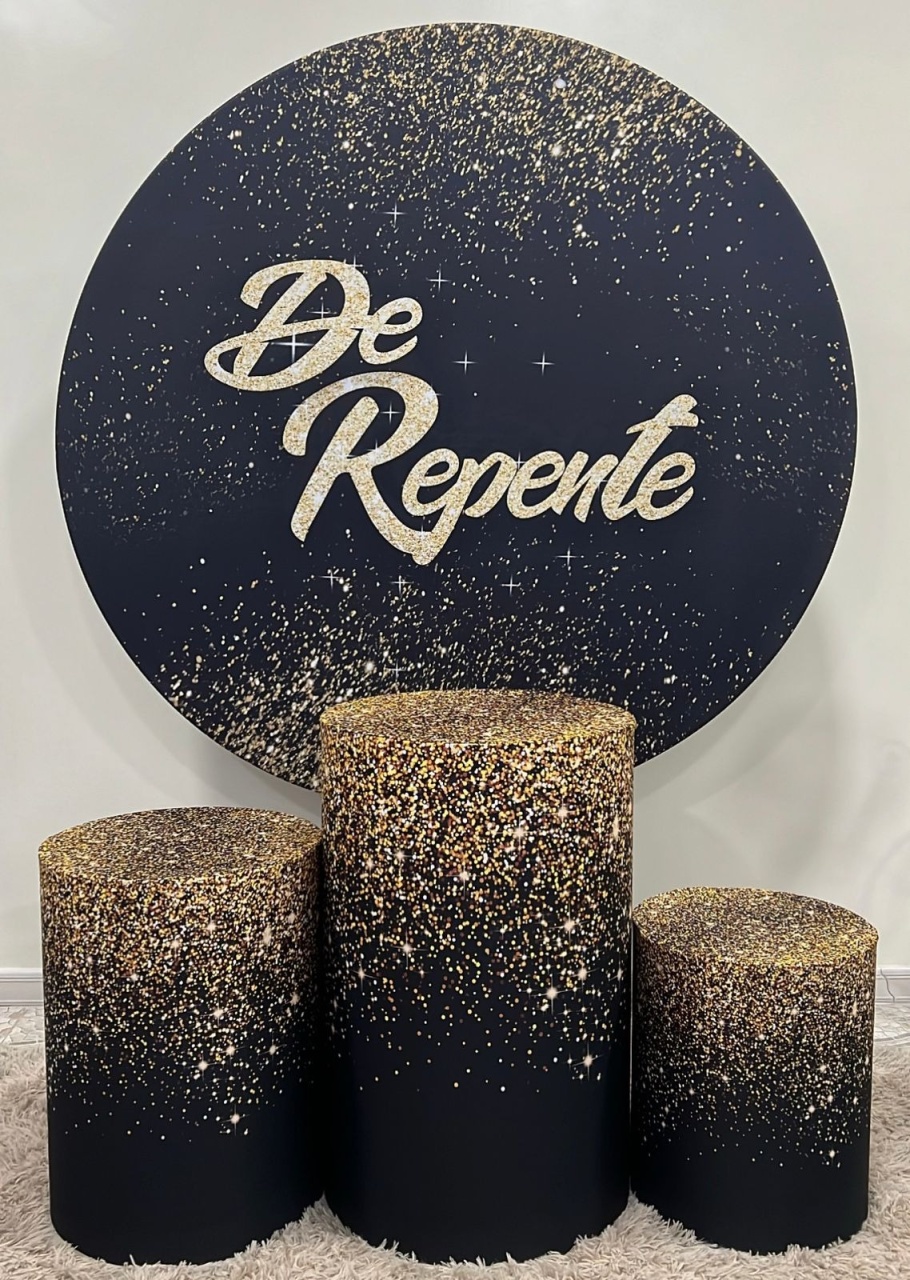 Kit Sublimado Capa Painel Redondo E Capas de Cilindros de Repente Preto C/ Glitter Dourado - Selminha Lokfest