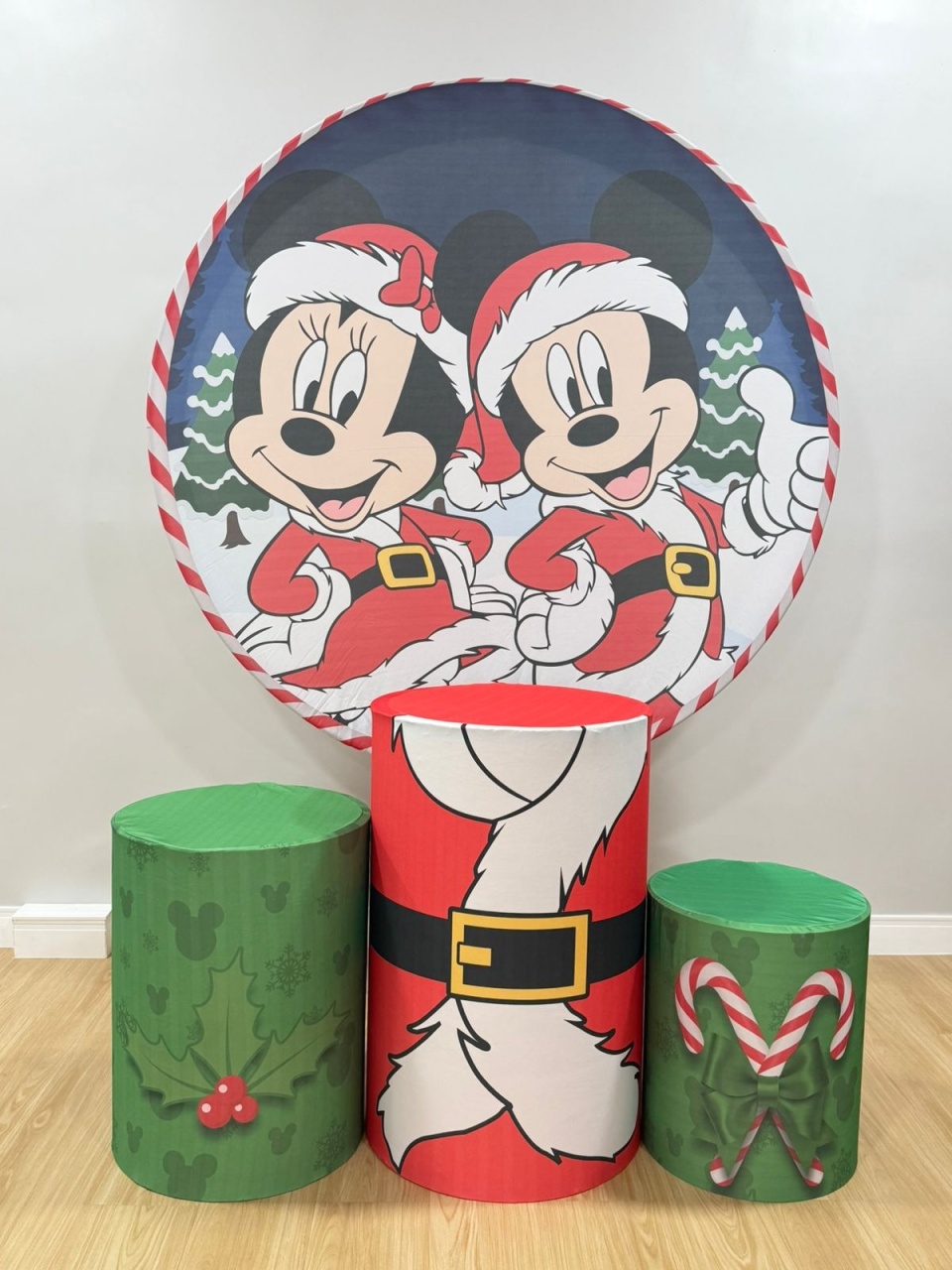 Kit Sublimado Capa Painel Redondo E Capas de Cilindros Mickey E Minnie Natal  - Selminha Lokfest