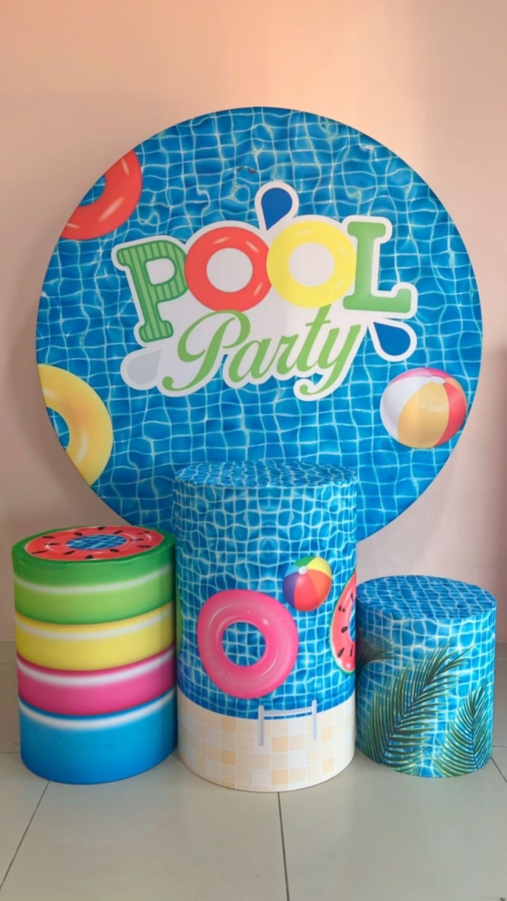 Kit Sublimado Capa Painel Redondo E Capas de Cilindros Pool Party Menino - Selminha Lokfest