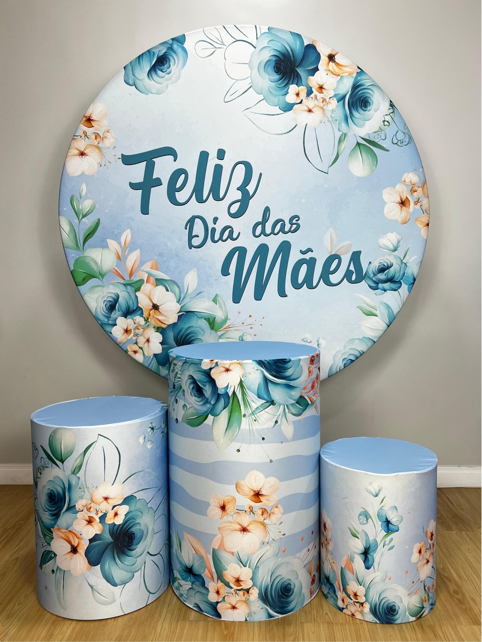 Kit Sublimado Capa Painel Redondo E Capas de Cilindros Dia das Mães Flores Azul - Selminha Lokfest