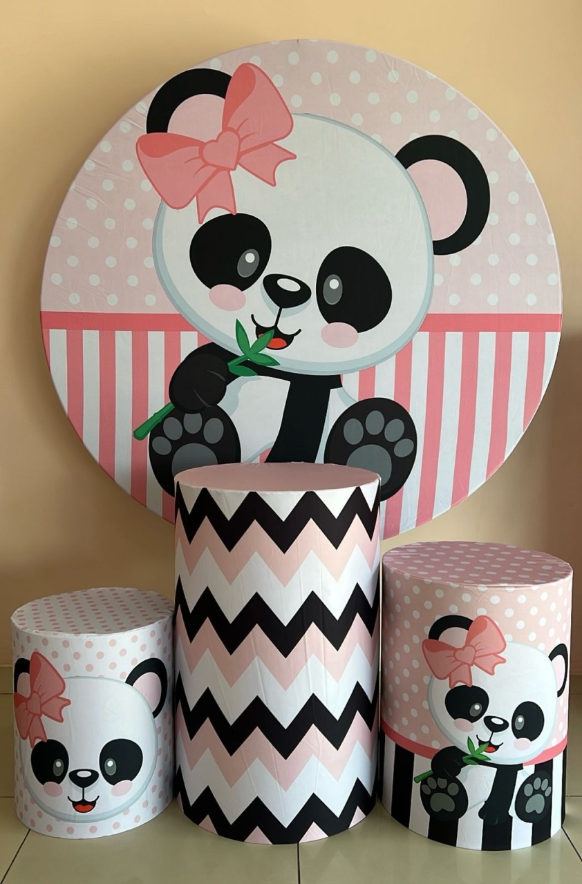 Kit Sublimado Capa Painel Redondo E Capas de Cilindros Urso Panda Rosa - Selminha Lokfest