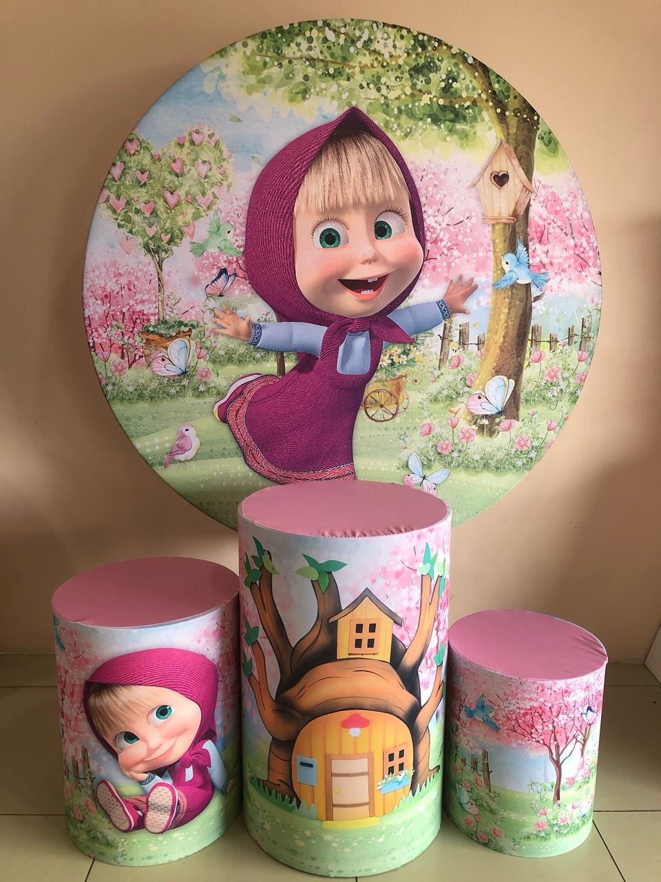 Kit Sublimado Capa Painel Redondo E Capas de Cilindros Masha E O Urso - Selminha Lokfest