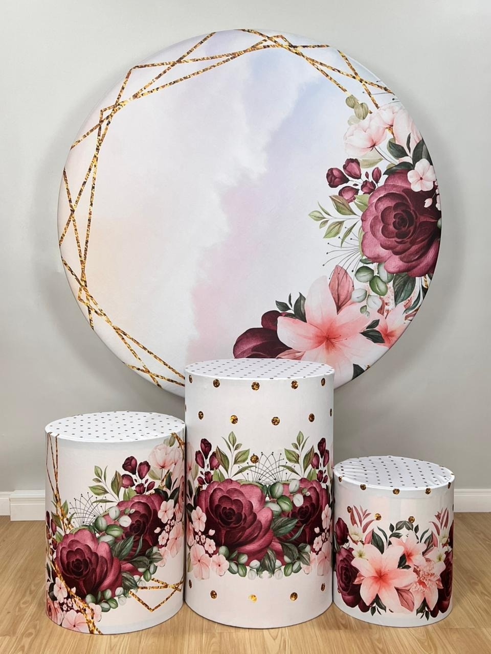 Kit Sublimado Capa Painel Redondo E Capas de Cilindros Floral Flores Marsala - Selminha Lokfest