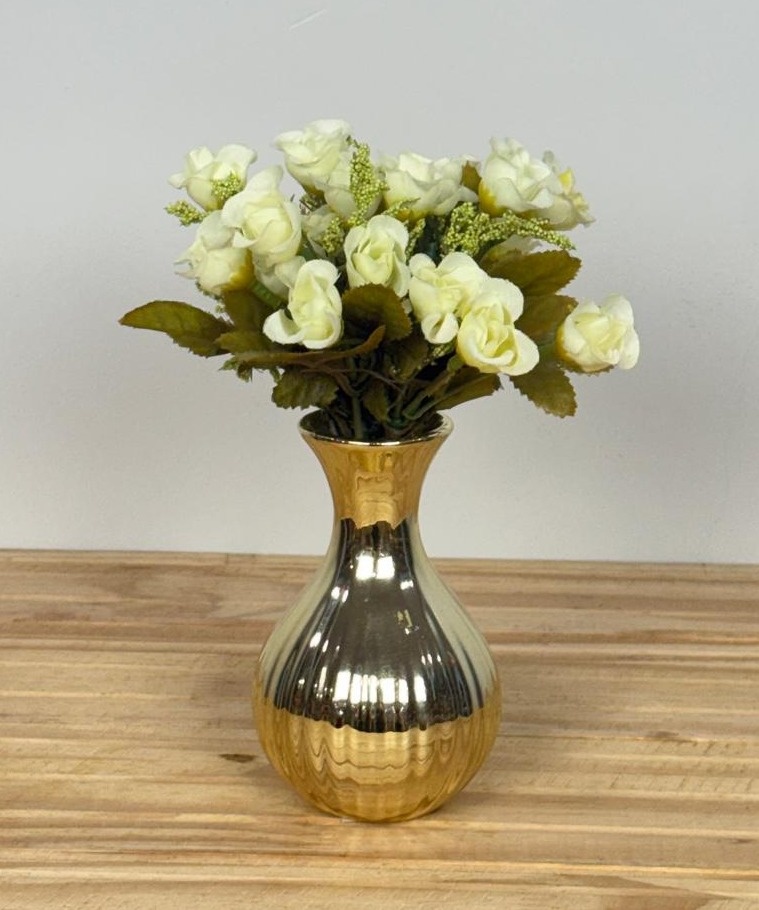 Vaso Mini Dourado C/ Flores Creme (13Cm) - Selminha Lokfest