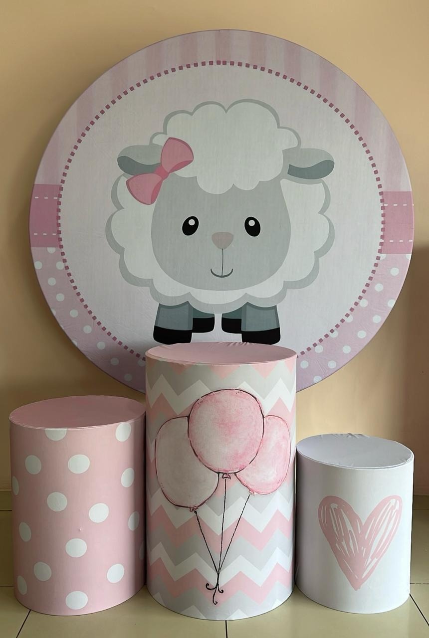 Kit Sublimado Capa Painel Redondo E Capas de Cilindros Ovelhinha Rosa - Selminha Lokfest