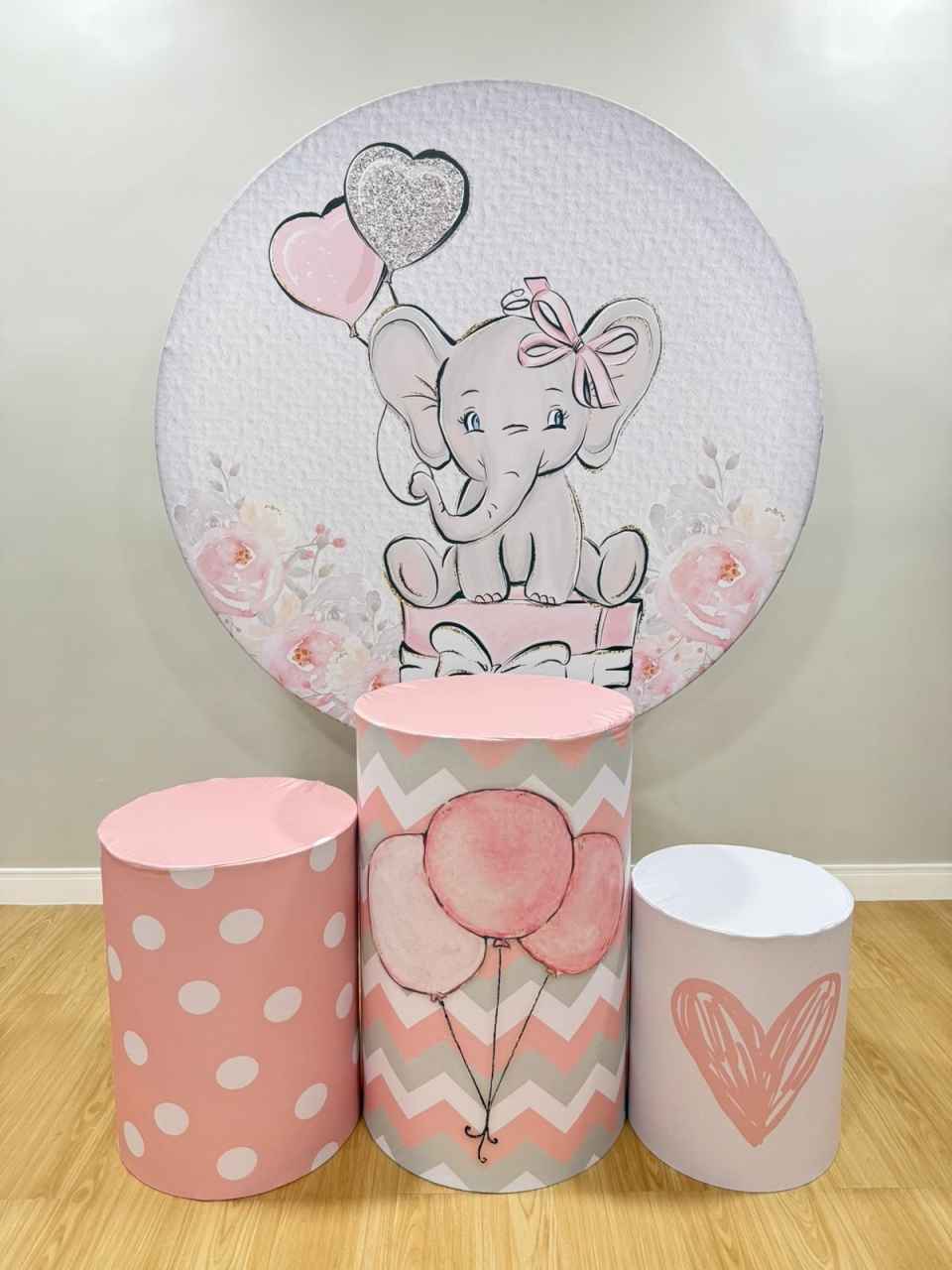 Kit Sublimado Capa Painel Redondo E Capas de Cilindros Elefantinha Rosa - Selminha Lokfest