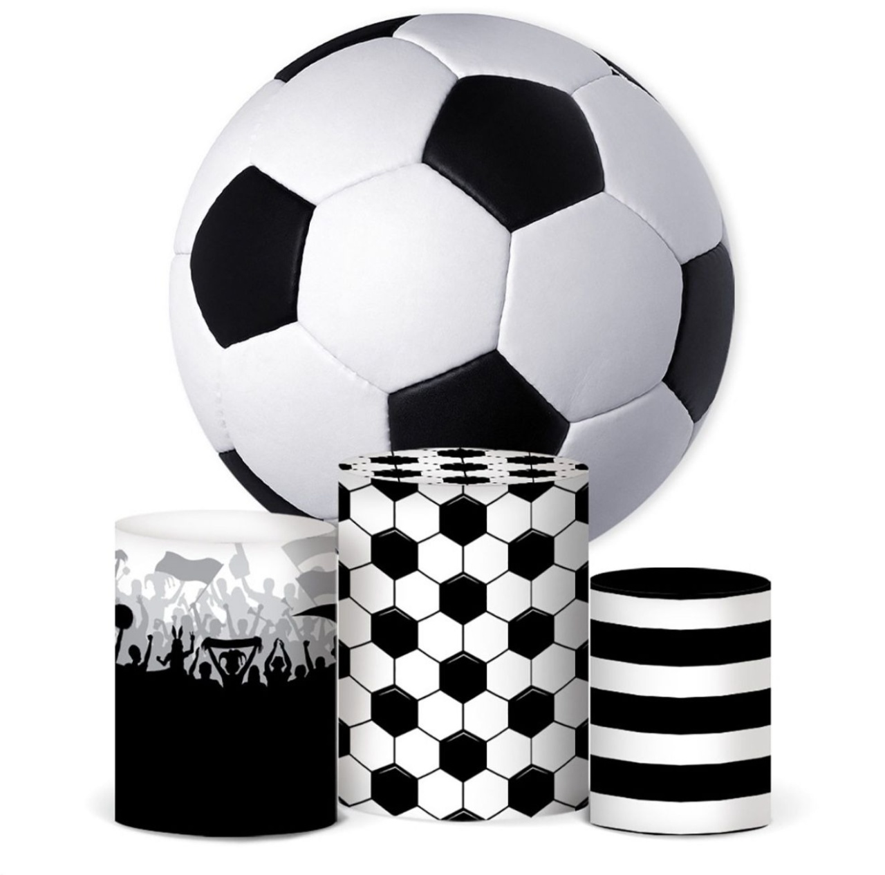 Kit Sublimado Capa Painel Redondo E Capas de Cilindros Futebol Bola Preto E Branco - Selminha Lokfest