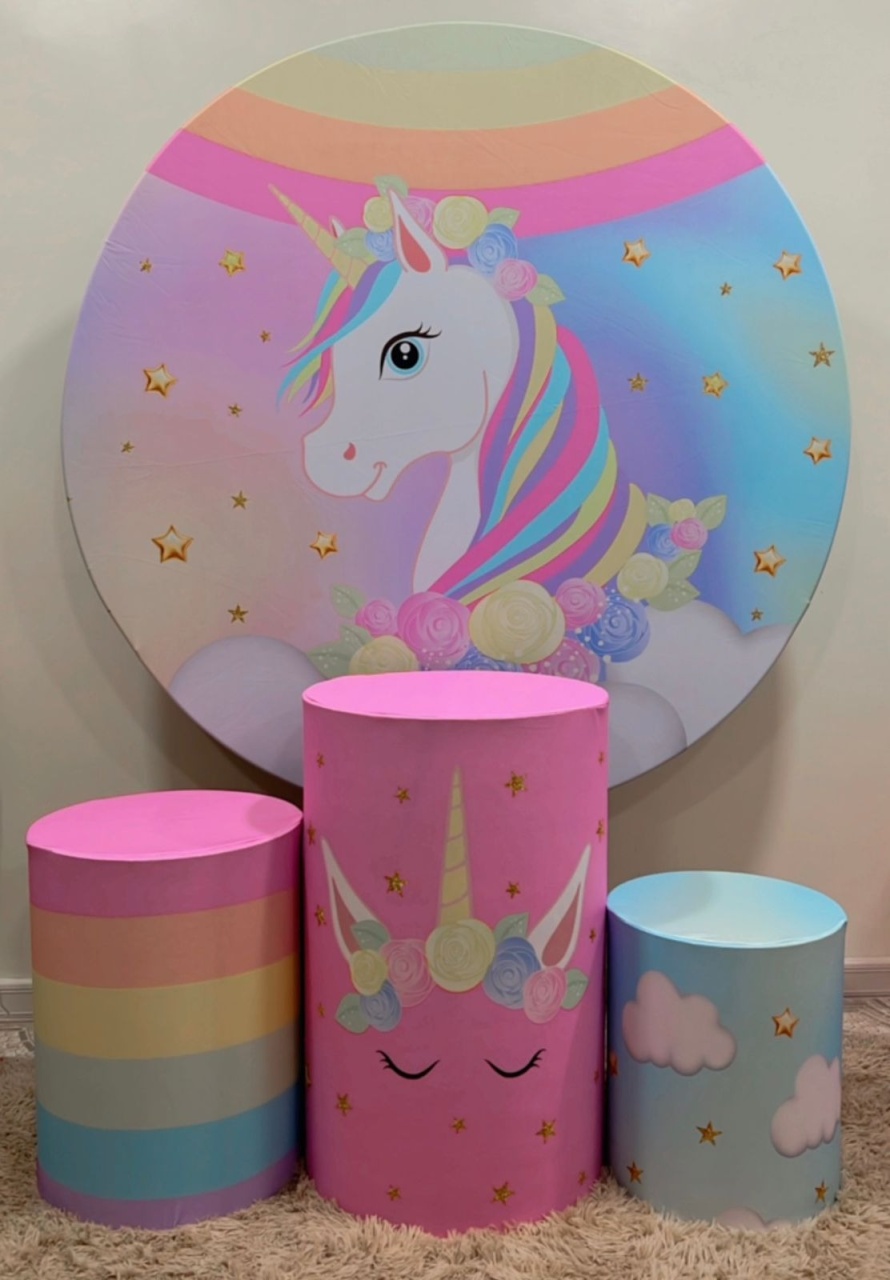 Kit Sublimado Capa Painel Redondo E Capas de Cilindros Unicórnio - Selminha Lokfest