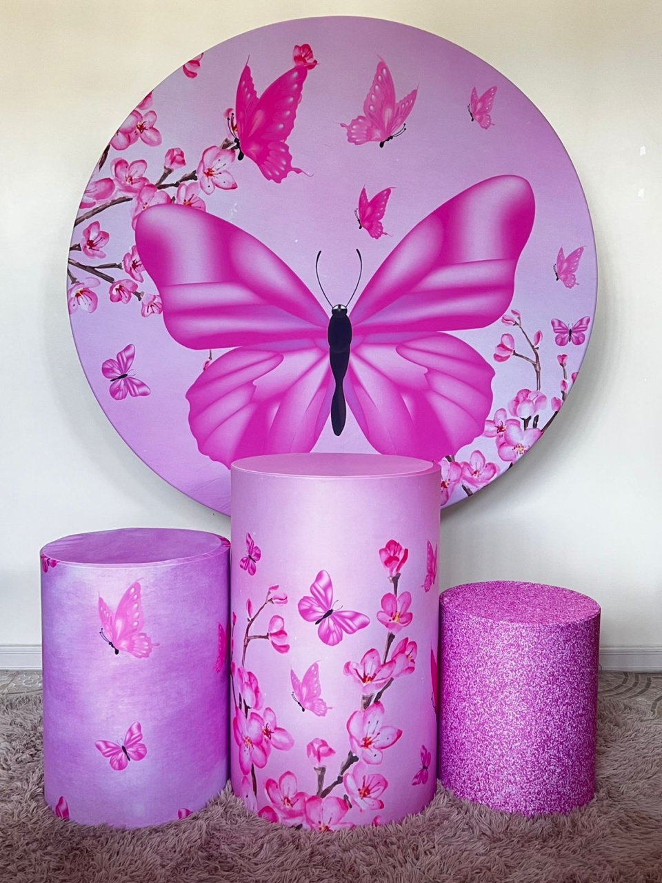 Kit Sublimado Capa Painel Redondo E Capas de Cilindros Borboleta Rosa - Selminha Lokfest