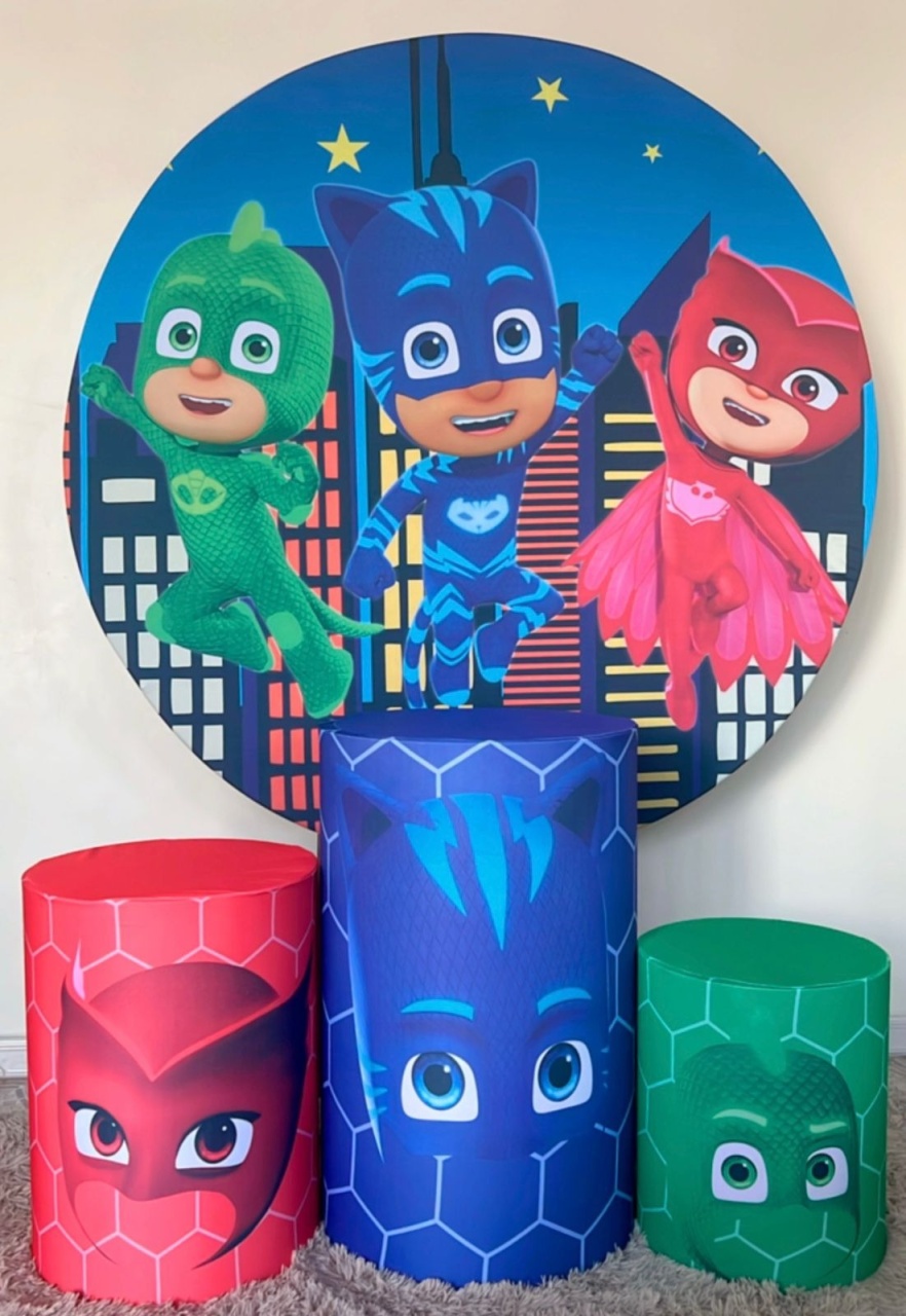 Kit Sublimado Capa Painel Redondo E Capas de Cilindros Pj Masks - Selminha Lokfest