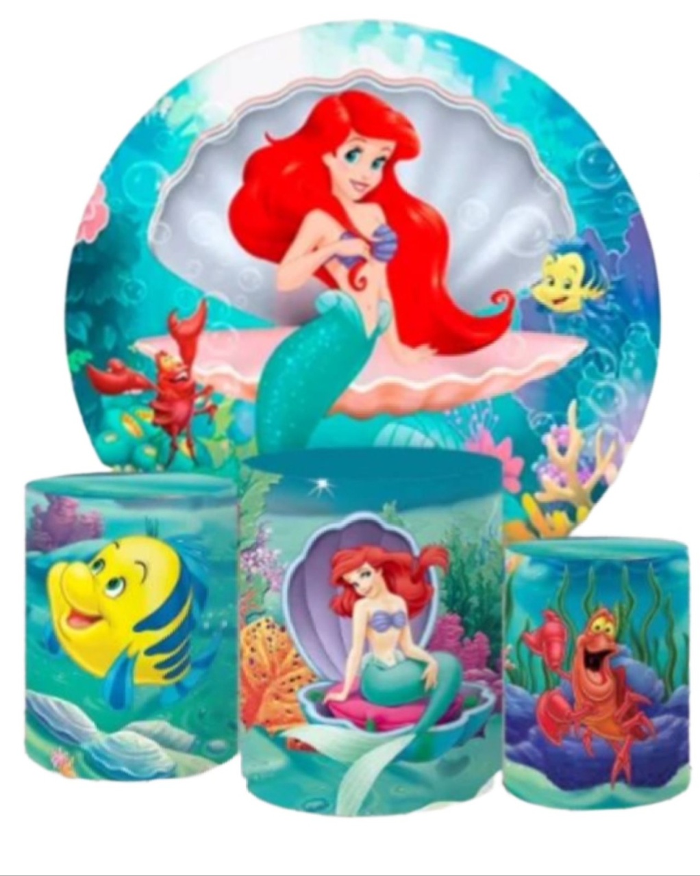 Kit Sublimado Capa Painel Redondo E Capas de Cilindros Pequena Sereia Ariel - Selminha Lokfest