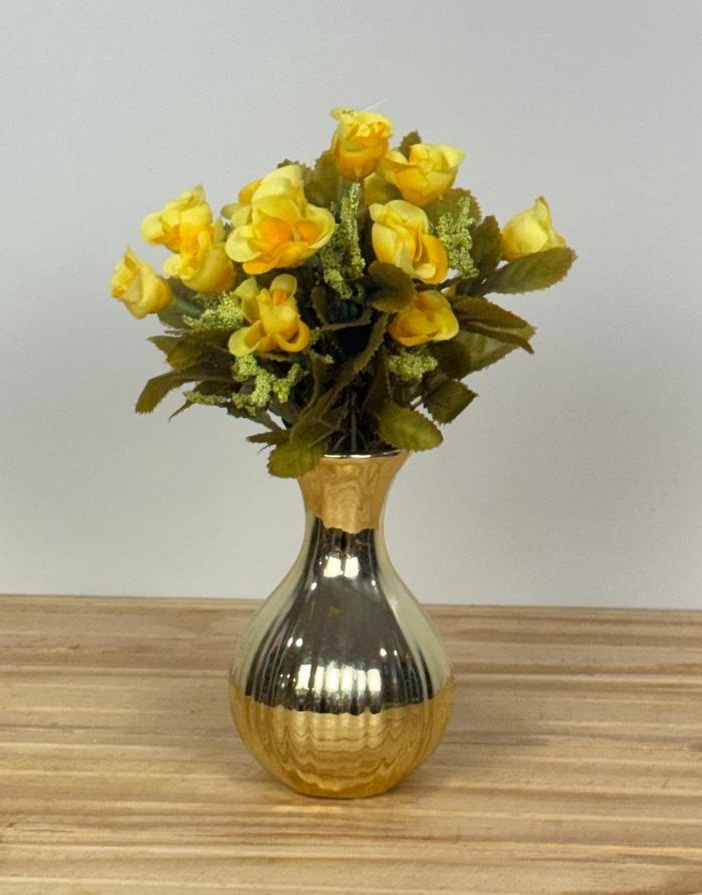 Vaso Mini Dourado C/ Flores Amarela (13Cm) - Selminha Lokfest