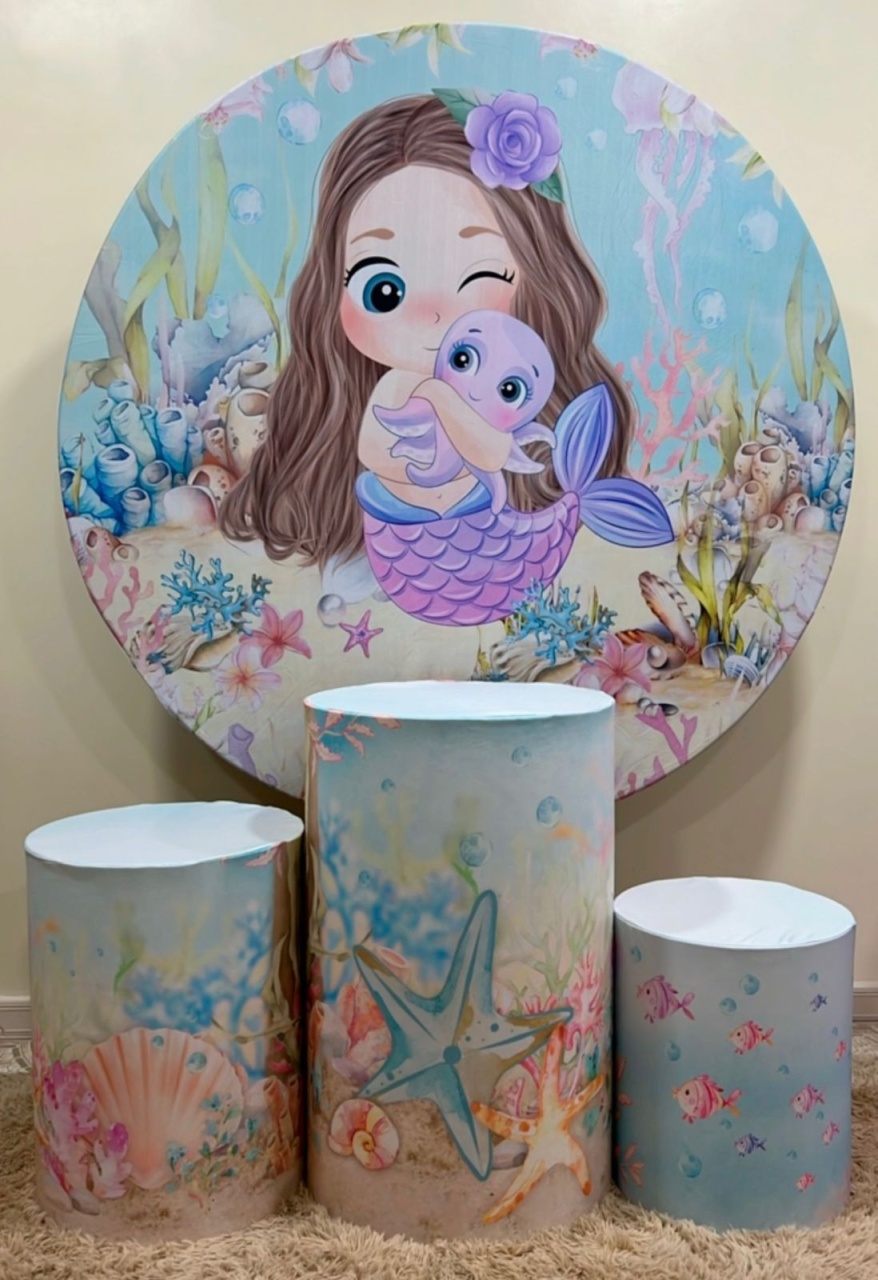 Kit Sublimado Capa Painel Redondo E Capas de Cilindros Sereia Cute - Selminha Lokfest