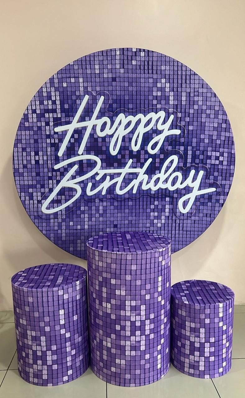 Kit Sublimado Capa Painel Redondo E Capas de Cilindros Happy Birthday Roxo - Selminha Lokfest
